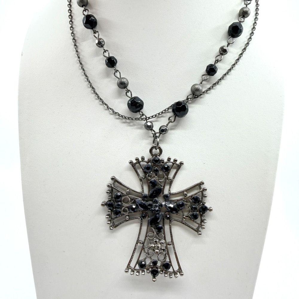 VTG Whimsigoth Black Layered Chain Necklace Oversized Rhinestone Cross Pendant